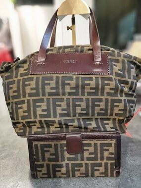 Fendi Brown and Dark Brown Zucca Duffel Bag with Leather Trim & Matching Wallet